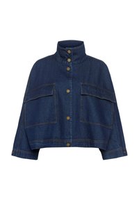 Mörkblå cropped jeansjacka med hög krage, tryckknäppning och stora fickor framtill.