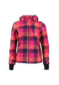 Giacca a vento dai colori vivaci con un ampio motivo a quadri rosa e blu navy, due tasche laterali e un cappuccio con coulisse per la regolazione.
