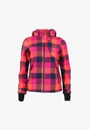 Heldergekleurde pufferjack bevat een groot roze en marineblauw geruit patroon, twee zijzakken en een capuchon met trekkoord voor aanpassing.