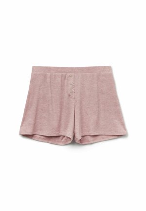 Ribbad, ljusrosa shorts med en elastisk midja och tre-knappsstängning framtill; mjuk textur och avslappnad passform.