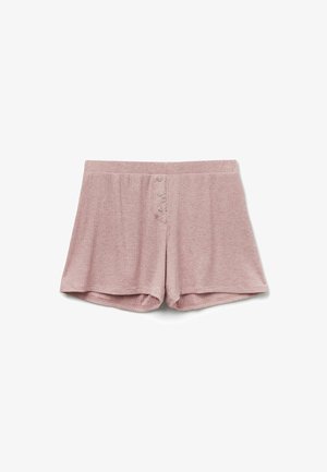 Ribbad, ljusrosa shorts med en elastisk midja och tre-knappsstängning framtill; mjuk textur och avslappnad passform.