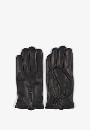 Mustat nahkahanskat viidellä sormella, joissa on sileä pinta ja vetskarelementti ranteen lähellä säädettävää istuvuutta varten.