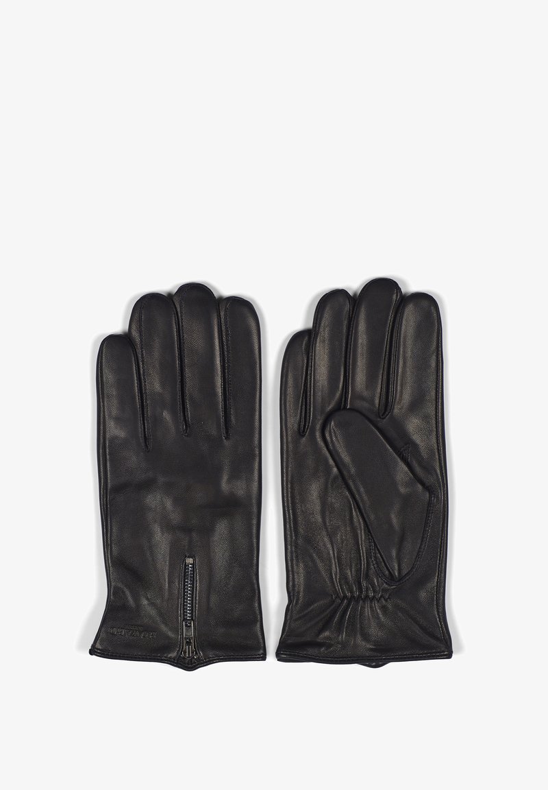 Svarte skinnhansker med fem fingre, med en glatt tekstur og et glidelåsdetalj nær håndleddet for justerbar passform.