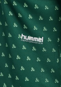 Zielona tkanina z powtarzającym się, jasnooliwkowym wzorem motyla, z białym logo "hummel PERFORMANCE" na dolnej części.