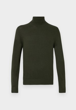 Πράσινο πουλόβερ με ψηλό λαιμό, φτιαγμένο από μαλακό ύφασμα με μακριά μανίκια, ριμπ μανσέτες και στρίφωμα, με εφαρμοστή σιλουέτα και λεία υφή.