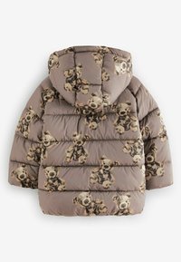 Giubbotto imbottito marrone per bambini con cappuccio, decorato con un motivo ripetitivo di orsetti beige e neri.