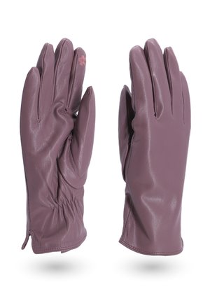 Guanti in pelle di un delicato color malva, con vestibilità aderente e dettaglio arricciato sul polso. Texture liscia, con un piccolo accento floreale su un guanto.