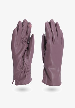 Guanti in pelle di un delicato color malva, con vestibilità aderente e dettaglio arricciato sul polso. Texture liscia, con un piccolo accento floreale su un guanto.