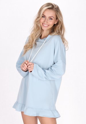 Light blue hooded sweatshirt dress with a ruffled hem; features a relaxed fit, long sleeves, and adjustable drawstrings at the neckline.