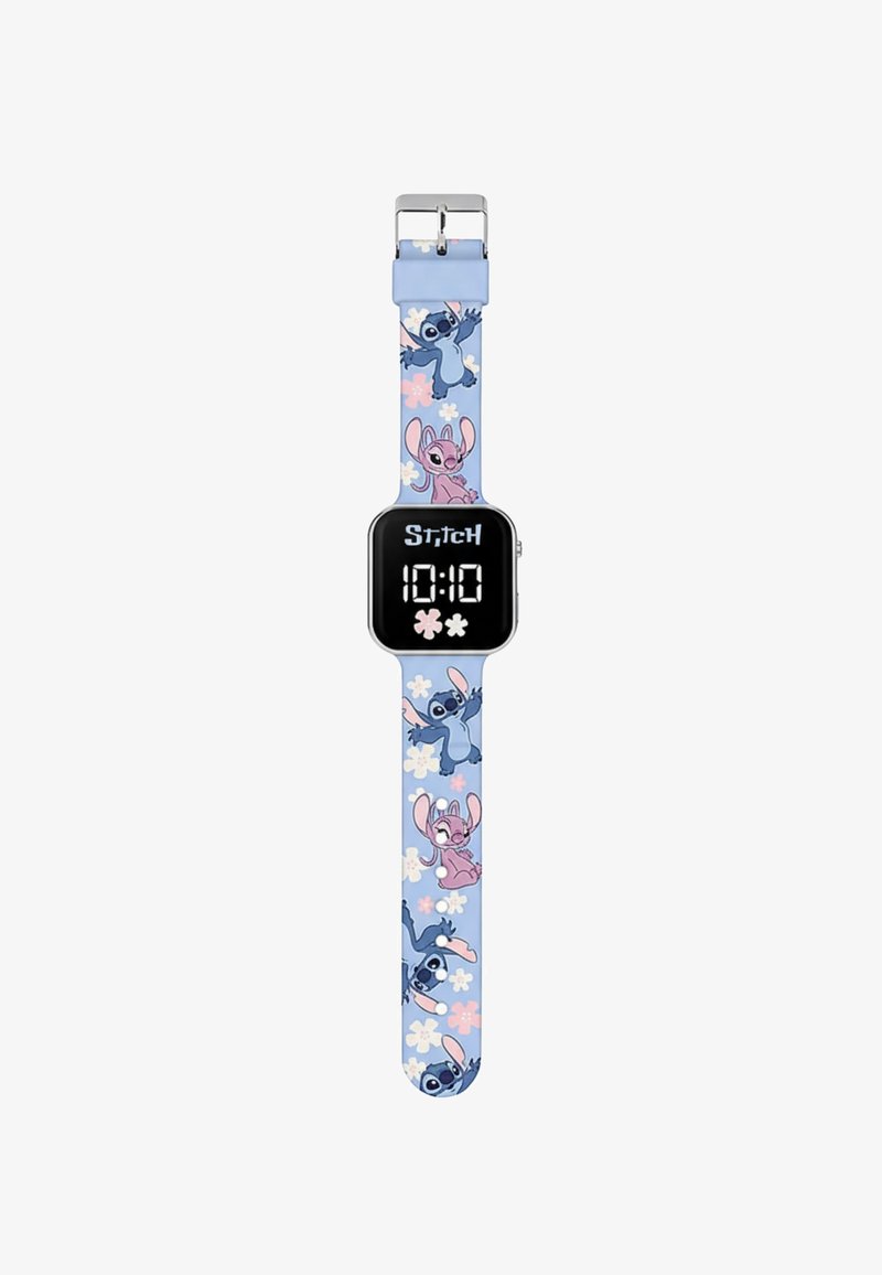 Digital watch with a rectangular face, black display, and blue silicone strap featuring Stitch and Angel characters among floral patterns.