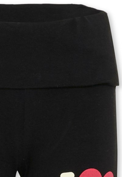 Leggings neri elasticizzati con ampia vita e una grafica con un cuore rosso e testo beige nella parte inferiore.