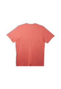 Tričko s krátkým rukávem v korálové barvě, vyrobené z měkké bavlny. Má klasický kulatý výstřih a volný střih bez dalších detailů.
