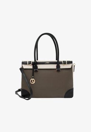 Borsa strutturata marrone, nera e beige con doppi manici superiori, tracolla regolabile, accessori in oro e charm con logo.