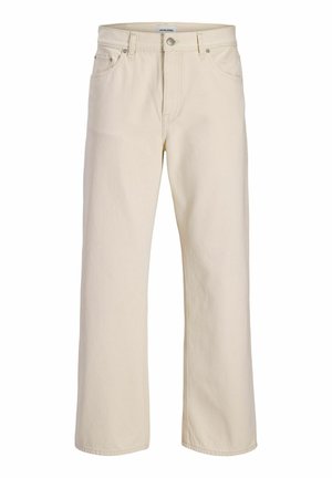 Jean droit couleur crème avec cinq poches et fermeture par bouton, étiqueté Jack & Jones à la taille.