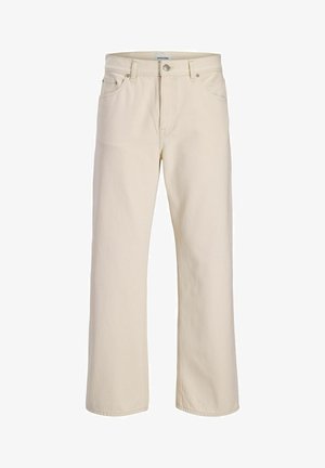 Jean droit couleur crème avec cinq poches et fermeture par bouton, étiqueté Jack & Jones à la taille.