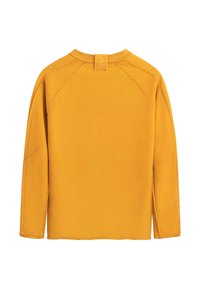 Felpa gialla a maniche lunghe realizzata in tessuto morbido. Presenta un colletto rotondo e maniche raglan. Cuciture visibili lungo i bordi.