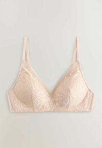 Sutien din dantelă bej deschis cu modele florale, bretele subțiri reglabile și design cu cupe moi, așezat plat pe un fundal deschis.