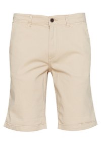 Shorts beiges longueur genou avec passants pour ceinture, un seul bouton noir et poches avant, présentés sur fond blanc.