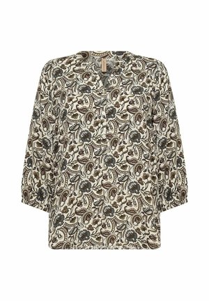 Lange mouwen blouse van een crème stof met een ingewikkeld bruin en marineblauw paisleypatroon, met een relaxte pasvorm en een v-hals.