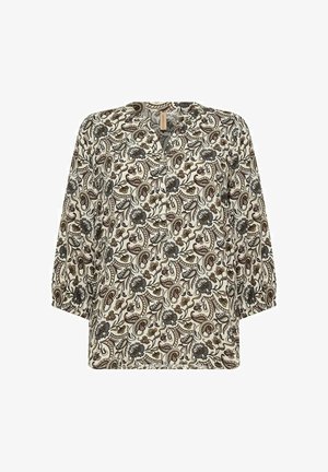 Lange mouwen blouse van een crème stof met een ingewikkeld bruin en marineblauw paisleypatroon, met een relaxte pasvorm en een v-hals.