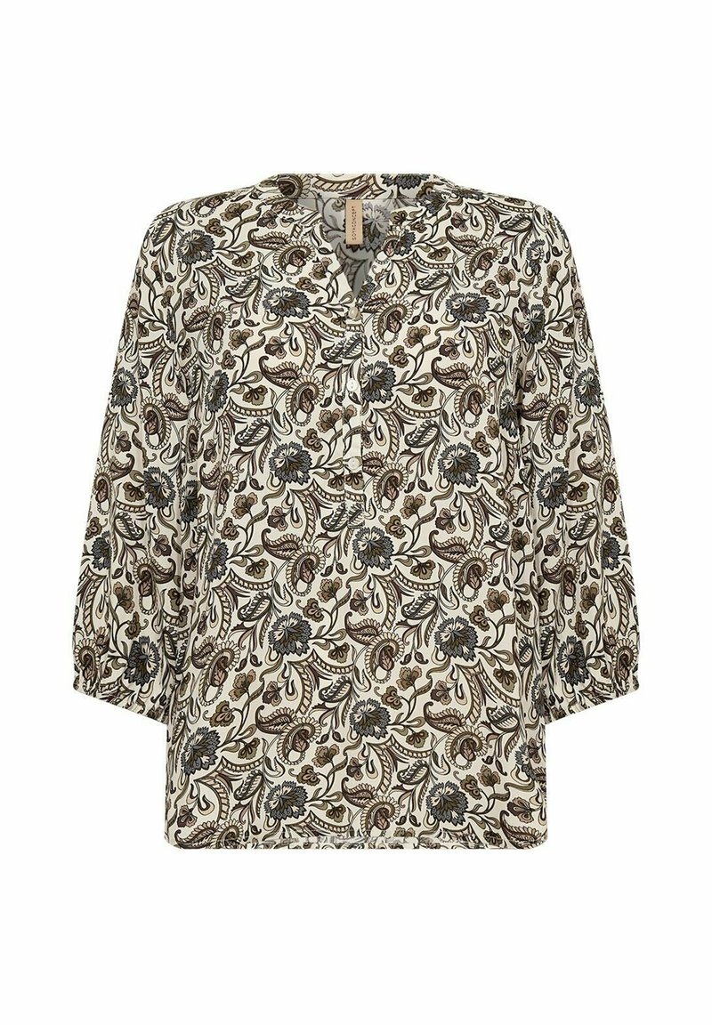 Lange mouwen blouse van een crème stof met een ingewikkeld bruin en marineblauw paisleypatroon, met een relaxte pasvorm en een v-hals.