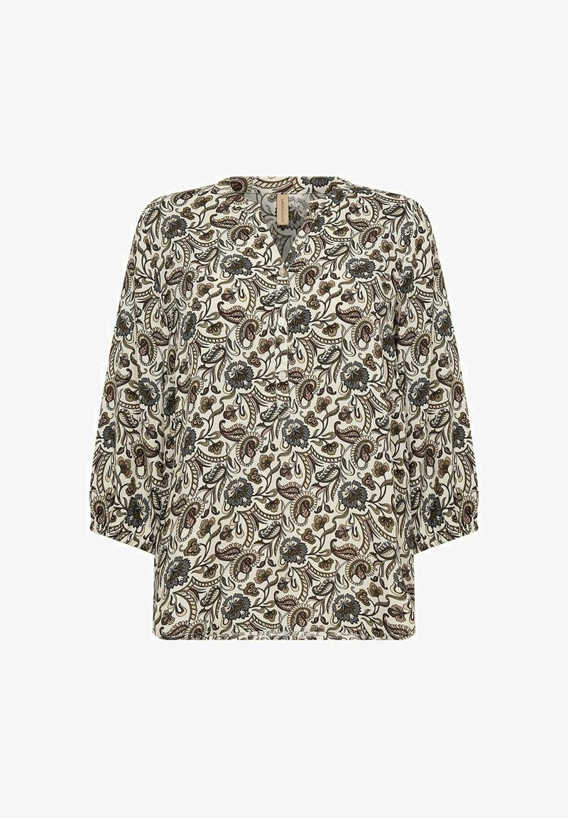 Lange mouwen blouse van een crème stof met een ingewikkeld bruin en marineblauw paisleypatroon, met een relaxte pasvorm en een v-hals.