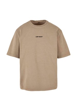 Beige Baumwoll-T-Shirt mit kurzen Ärmeln, Rundhalsausschnitt und schwarzem "LOST YOUTH™"-Text auf der Brust.