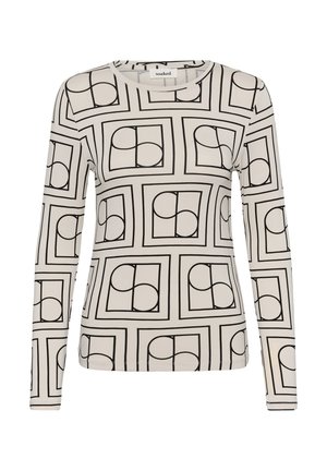 Beige langærmet skjorte med sort geometrisk mønster af firkanter og cirkler, rund halsudskæring og tætsiddende pasform.