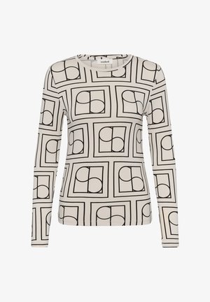 Beige langærmet skjorte med sort geometrisk mønster af firkanter og cirkler, rund halsudskæring og tætsiddende pasform.