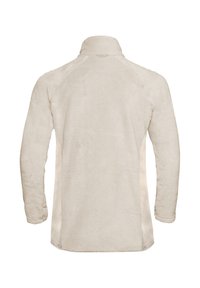 Giacca in pile beige chiaro con maniche lunghe, colletto alto e una consistenza morbida; presenta un design a cucitura piatta.