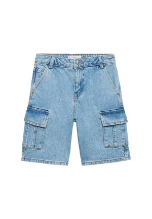 Jasnoniebieskie szorty cargo z denimu z bocznymi kieszeniami na patki, kieszeniami z przodu, szlufkami na pasek i zapięciem na guziki.