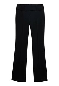 Zwarte op maat gemaakte broek met een rechte pijp, voorzien van een vlakke voorkant, een gladde textuur en een tailleband voor sluiting. Geen zichtbare zakken.