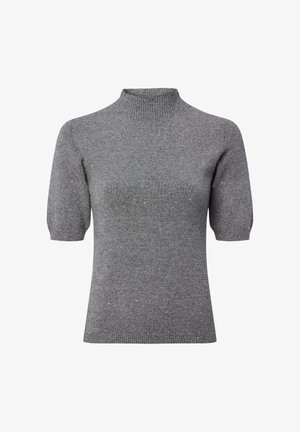 Maglione grigio a maniche corte in maglia con collo alto e delicati dettagli luccicanti su tessuto texture.