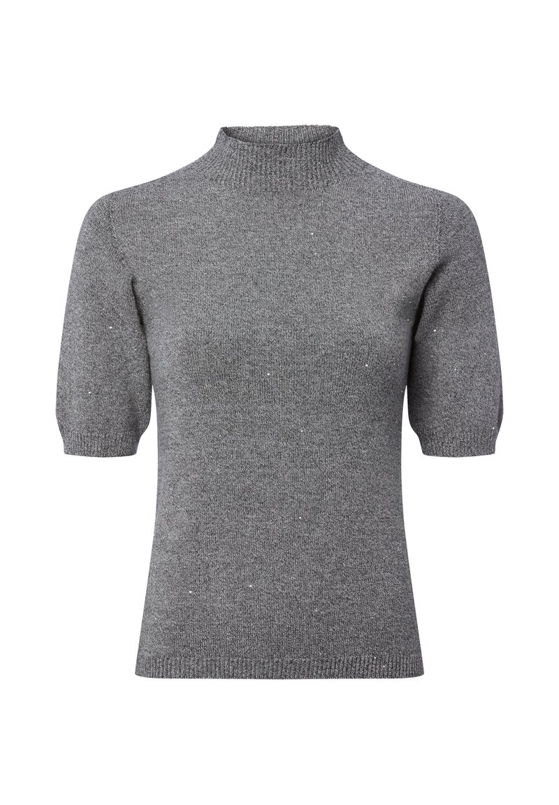 Maglione grigio a maniche corte in maglia con collo alto e delicati dettagli luccicanti su tessuto texture.