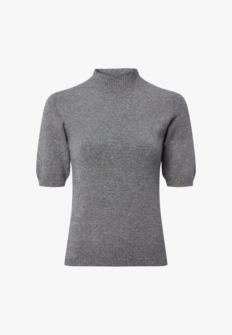 Grijze korte mouwen gebreid sweater met een hoge hals en subtiele sprankelende details op de gestructureerde stof.