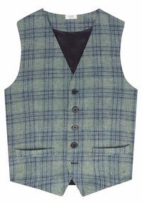 Grön och blå rutig väst med snibbkrage, fem knappar och två framfickor; insidan är av svart tyg.