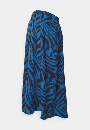 Blue and navy skirt featuring a bold zebra stripe pattern, with an elastic waistband and flowing design. Soft fabric with a smooth texture.