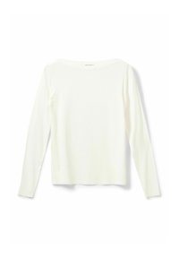 Long-sleeve top in soft white fabric with a ribbed texture, featuring a wide neckline and fitted silhouette. No visible graphics or embellishments.