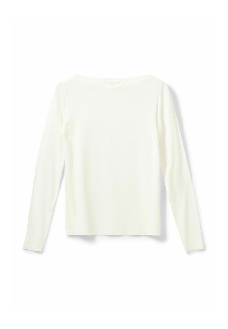 Long-sleeve top in soft white fabric with a ribbed texture, featuring a wide neckline and fitted silhouette. No visible graphics or embellishments.