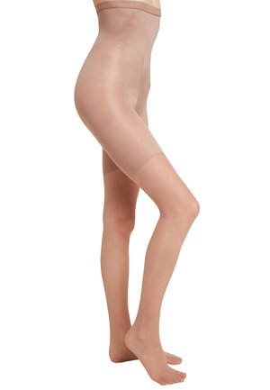 Beige sheer tights with a high waist. Lightweight material, smooth texture, and a semi-opaque finish. Designed to cover legs completely.