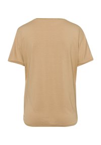 T-shirt beige uni à manches courtes, vu de dos avec un col rond et un tissu simple et lisse.