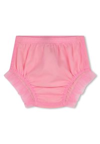 Culottes d'entraînement pour tout-petits de couleur rose en tissu léger, avec une taille élastique froncée et des bords volants pour un détail supplémentaire.