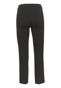 Pantalon gris foncé en tissu doux, avec une coupe droite, deux poches arrière et une ceinture lisse.