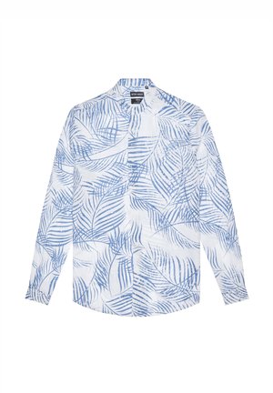 Lange mouwen overhemd van witte stof met een blauw palmenbladpatroon. Heeft een knoopsluiting aan de voorkant en een kraag, gemaakt van lichtgewicht materiaal.
