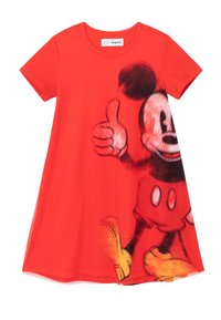 Czerwona sukienka z krótkim rękawem z dużym czarno-bia�łym motywem Myszy Mickey na przodzie, z okrągłym dekoltem i luźnym krojem.