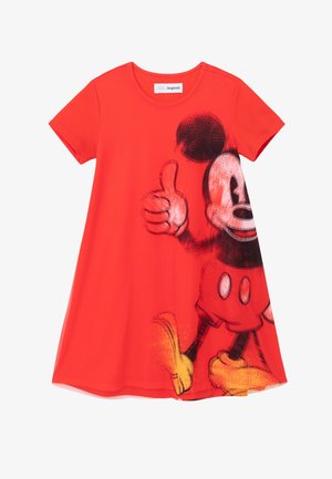 Rotes Kurzarmkleid mit einem großen schwarz-weißen Mickey Mouse Grafik auf der Vorderseite, mit Rundhalsausschnitt und einem fließenden Schnitt.