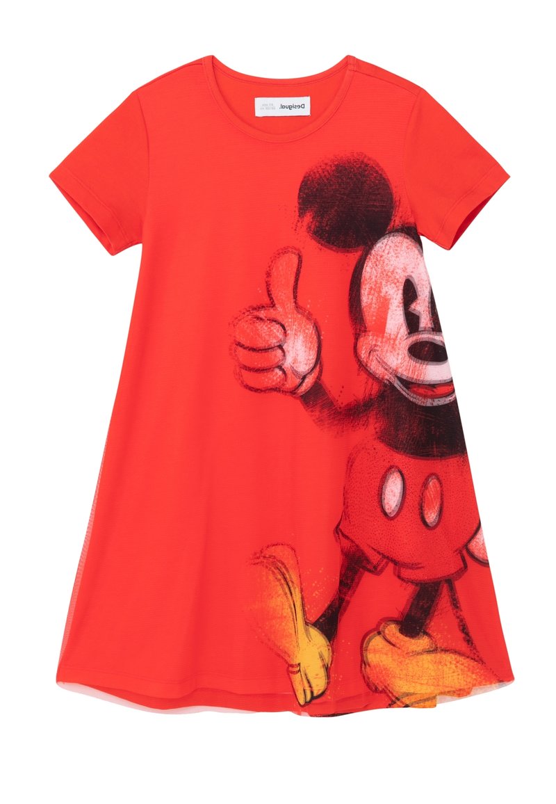 Czerwona sukienka z krótkim rękawem z dużym czarno-białym motywem Myszy Mickey na przodzie, z okrągłym dekoltem i luźnym krojem.