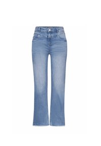 Light blue flared jeans in denim material feature a mid-rise waist, front pockets, and a faded finish with slight whiskering detail.