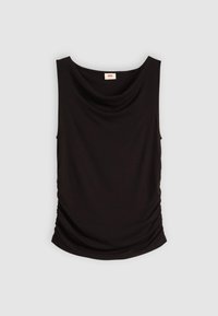 Svart ärmlös topp med draperad halsringning, med sidofält för textur och ett mjukt, lätt tyg. Ingen synlig tryck eller metalldetaljer.