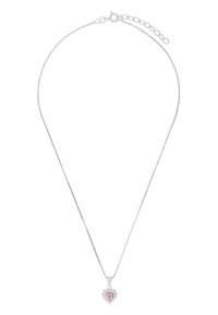 Silverfärgad kedjehalsband med en hjärtformad rosa ädelsten som hänge, omgiven av små klara detaljer. Snygg design med en polerad yta.